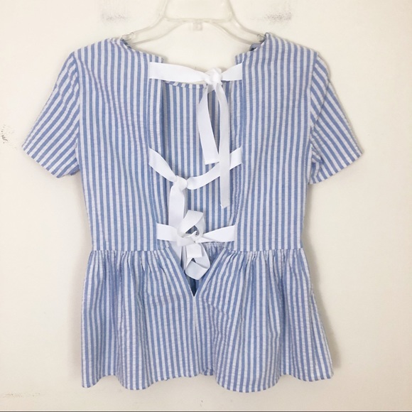 Bebe Striped Lace Up Blouse Blue White Sz XXS - Picture 4 of 6